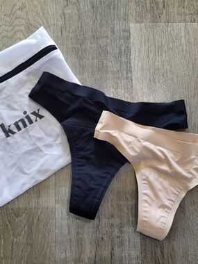 KNIX Thong- Black Super, Nude Light To Moderate, With Free Wash Bag